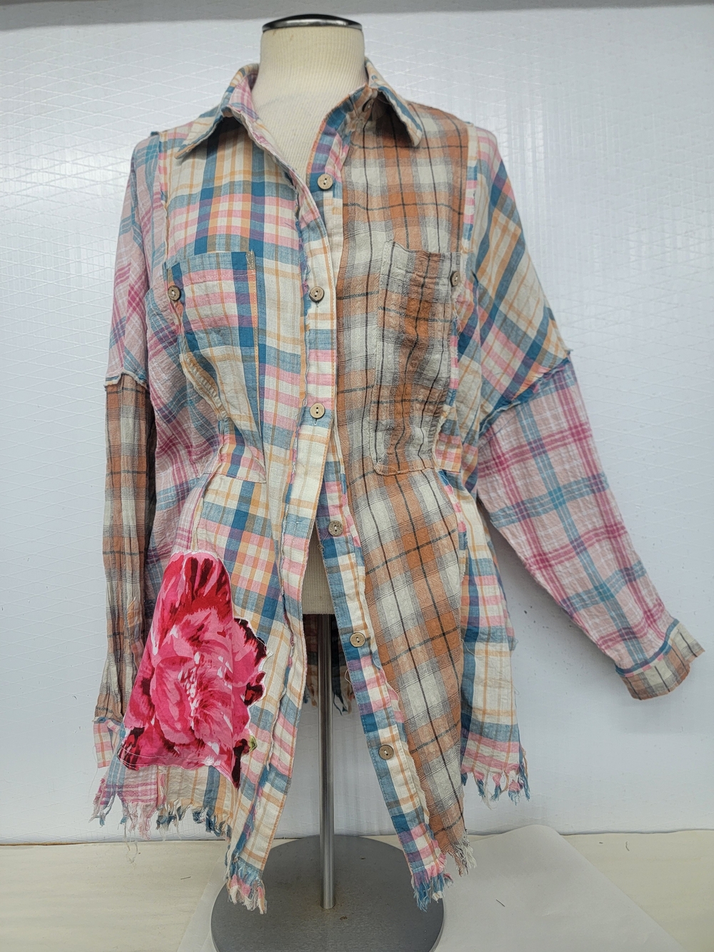 Patchwork Plaid Shirt Shacket with Flowers - Handcrafted Cottage Grunge